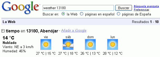 Ejemplo de visualización del tiempo para la localidad Abenójar, Ciudad Real.